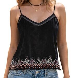 Aeropostale Women’s Medium Black Velour Embroidered Floral Tank Top